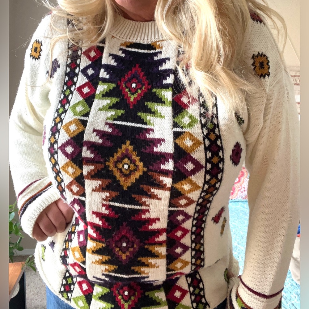 Vintage 80s Beldochpopper Crewneck Cream Aztec oversized grandpa Sweater Size M